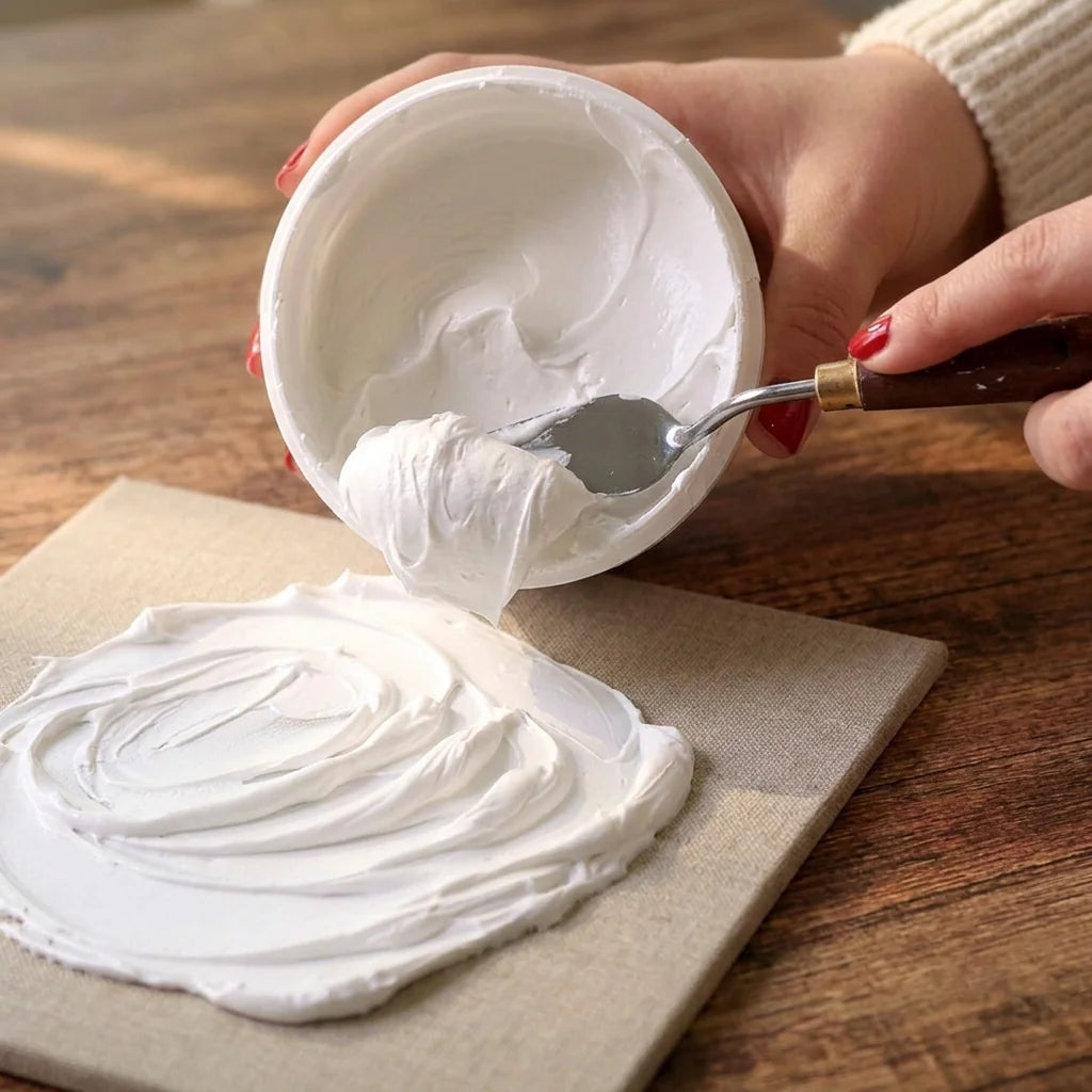 Aplikacja pasty Butter szpachelką na płótnie