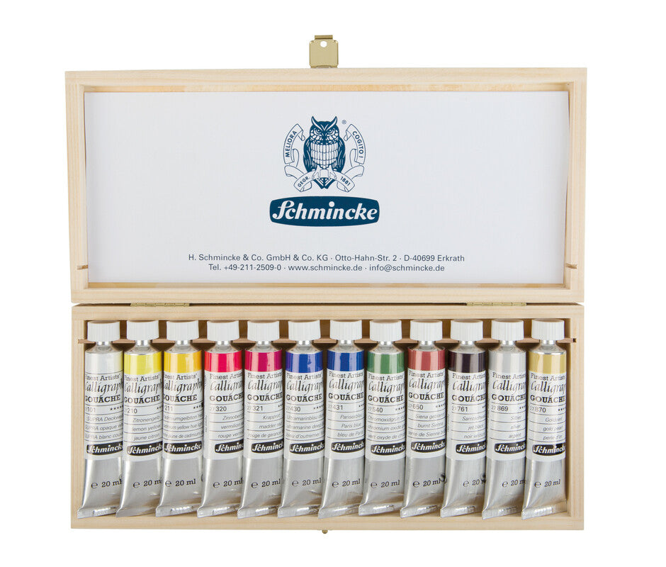 Zestaw gwaszy Schmincke Calligraphy Gouache w drewnianej kasecie, 12 x 20 ml
