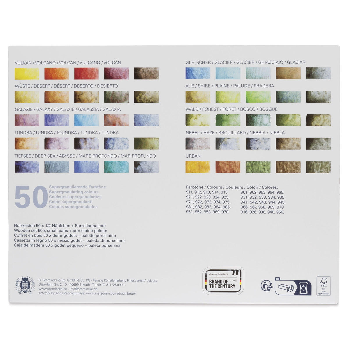 Drewniany zestaw farb akwarelowych Schmincke HORADAM Super Granulation – 50 x 1/2 kostki