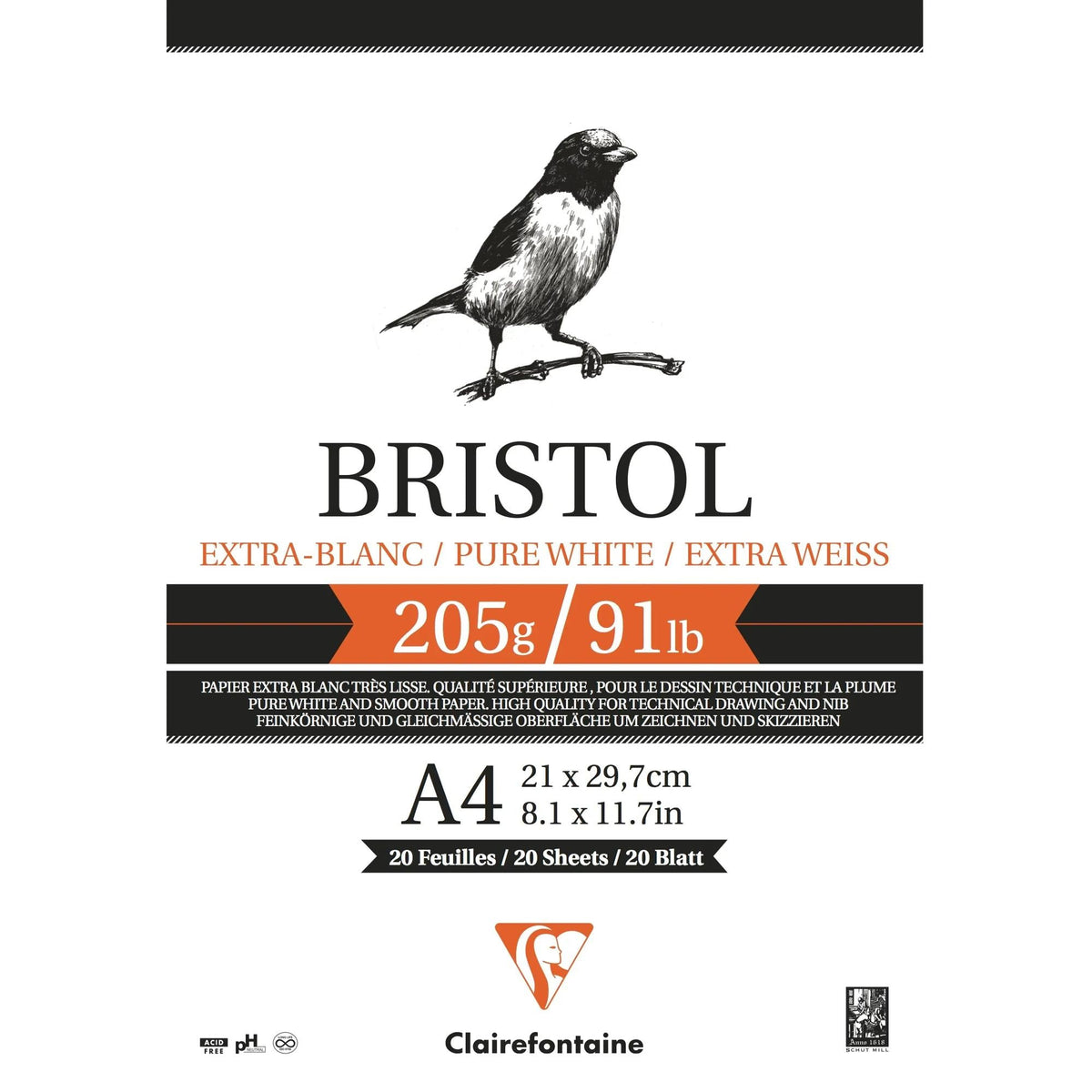Blok rysunkowy CLAIREFONTAINE Bristol 205 g/m² A4 – A3 - 20 arkuszy