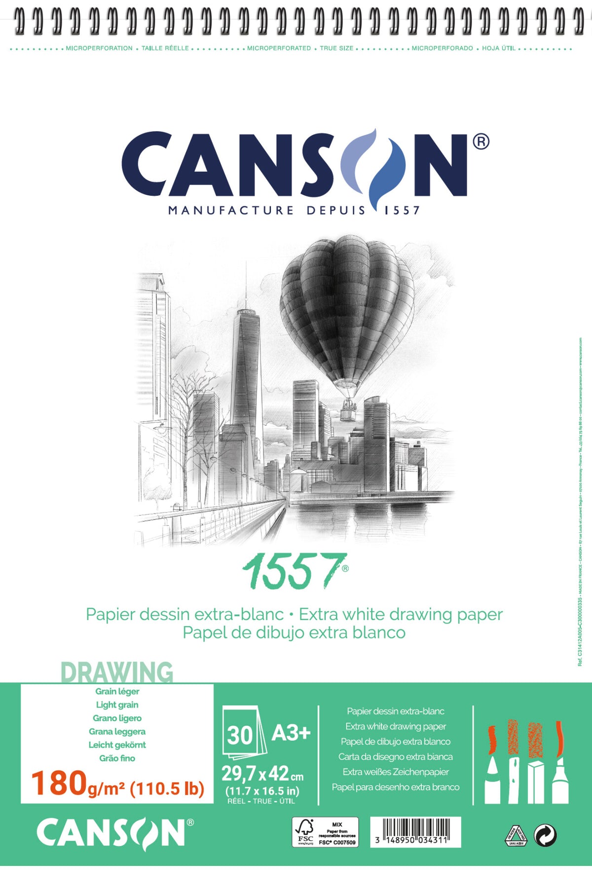 CANSON 1557 blok do szkicowania 180 g/m² A3 30 arkuszy drobnoziarnisty
