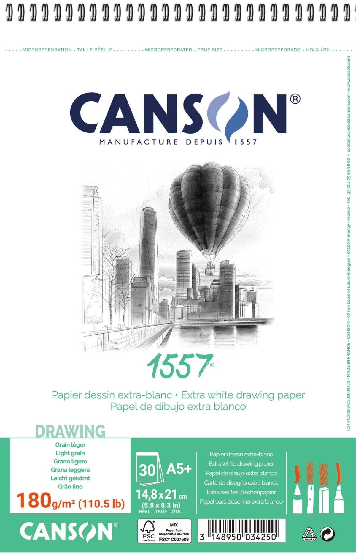 Szkicownik CANSON 1557 180 g/m² A5 30 arkuszy, na spirali