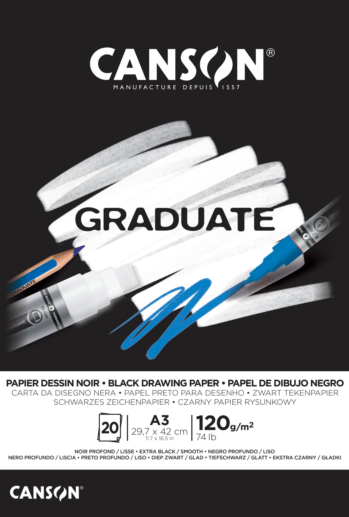 Czarny szkicownik CANSON Graduate 120 g/m² A3 - 20 arkuszy, klejony