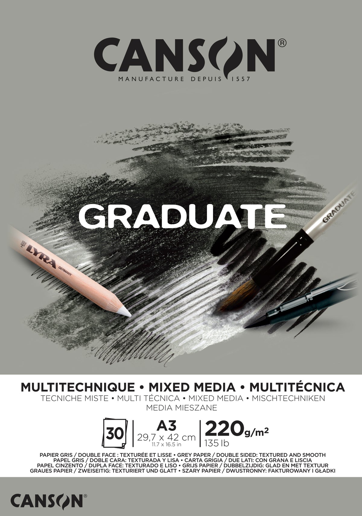 CANSON Graduate Mix Media blok szary 220 g A3, 30 arkuszy, klejony