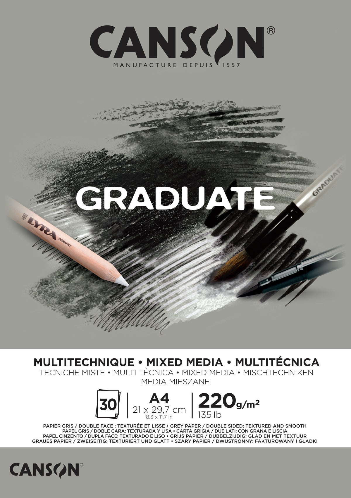 Canson Graduate Mix Media blok Grey 220 g/m² - 30 arkuszy, A4, klejony