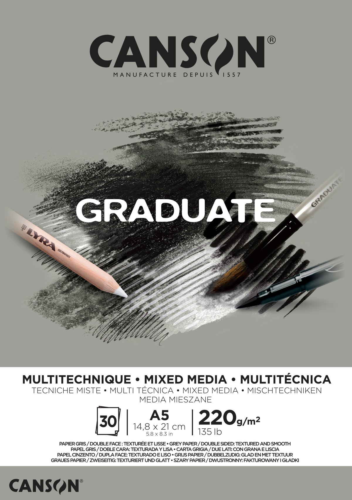 CANSON Graduate Mix Media blok szary 220 g A5 - 30 arkuszy klejony