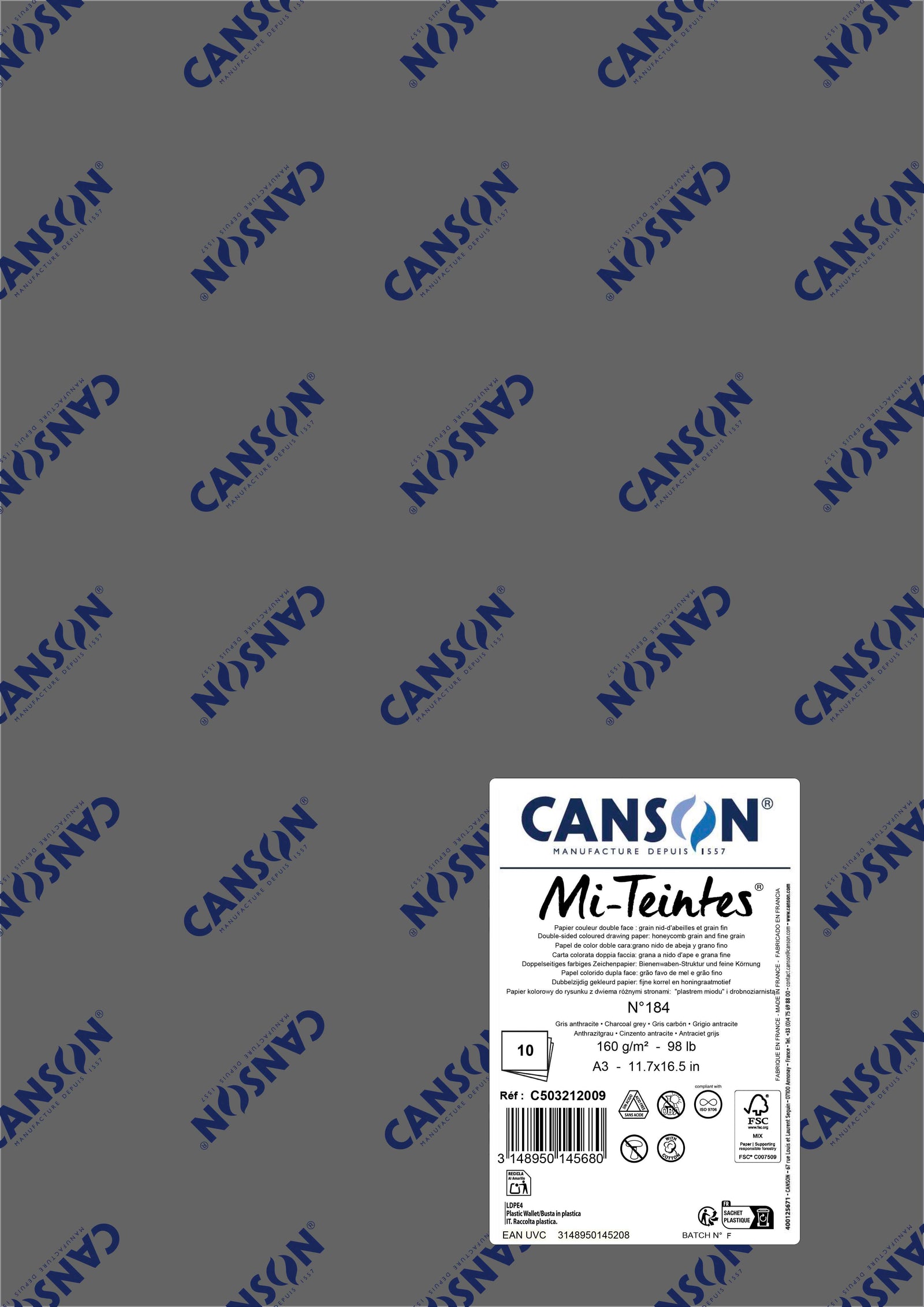 Papier do pasteli Canson Mi-Teintes A3 160 g - 10 arkuszy – Węglowy szary 184