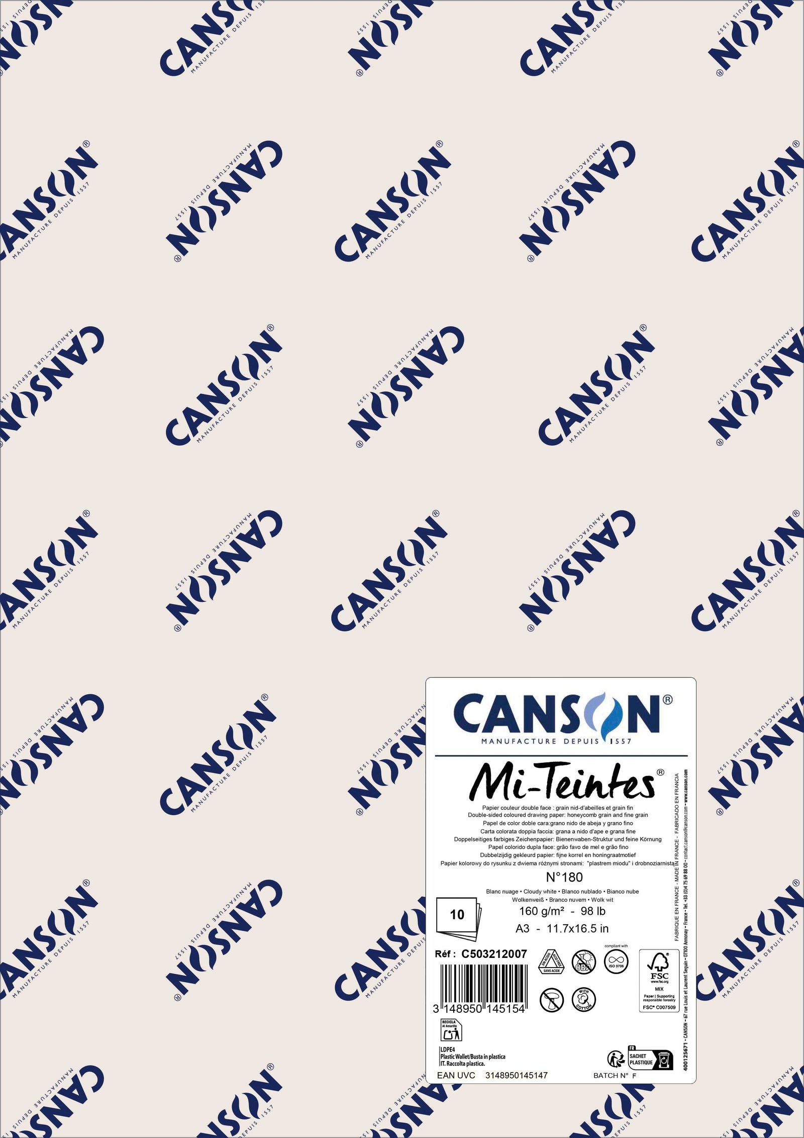 Papier do pasteli Canson Mi-Teintes A3 160 g - 10 arkuszy – Mlecznobiały 180