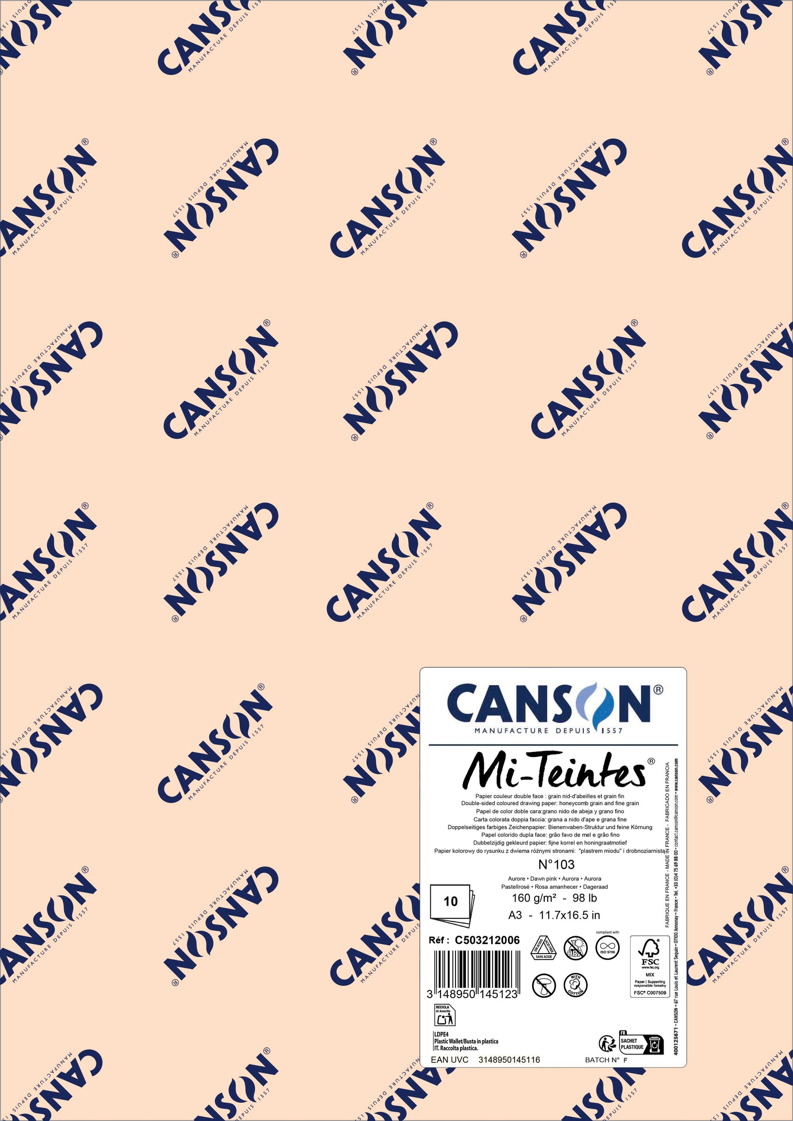 Papier do pasteli Canson Mi-Teintes A3 160 g - 10 arkuszy – Róż świtu 103