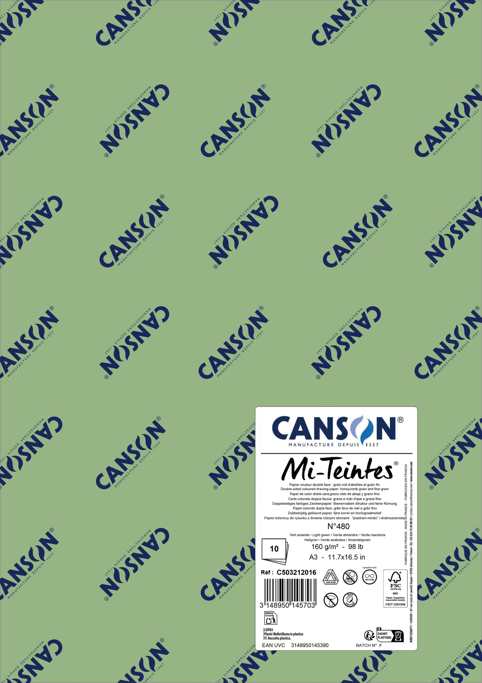 Papier do pasteli Canson Mi-Teintes A3 160 g - 10 arkuszy – Jasnozielony 480