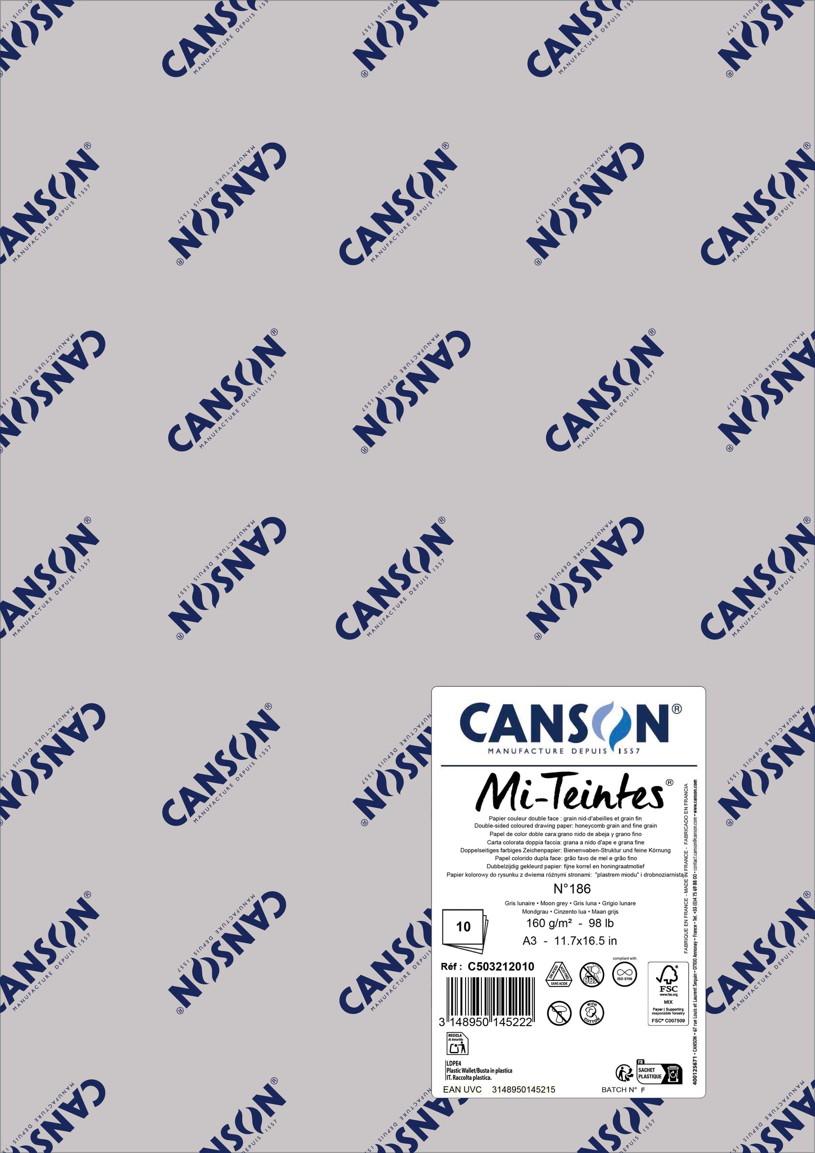 Papier do pasteli Canson Mi-Teintes A3 160 g - 10 arkuszy – Księżycowy szary 186