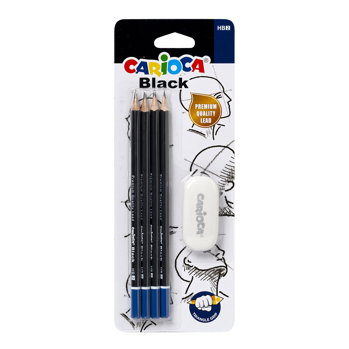 Carioca zestaw ołówków trójkątnych Black 2/HB z gumką, 4 szt.