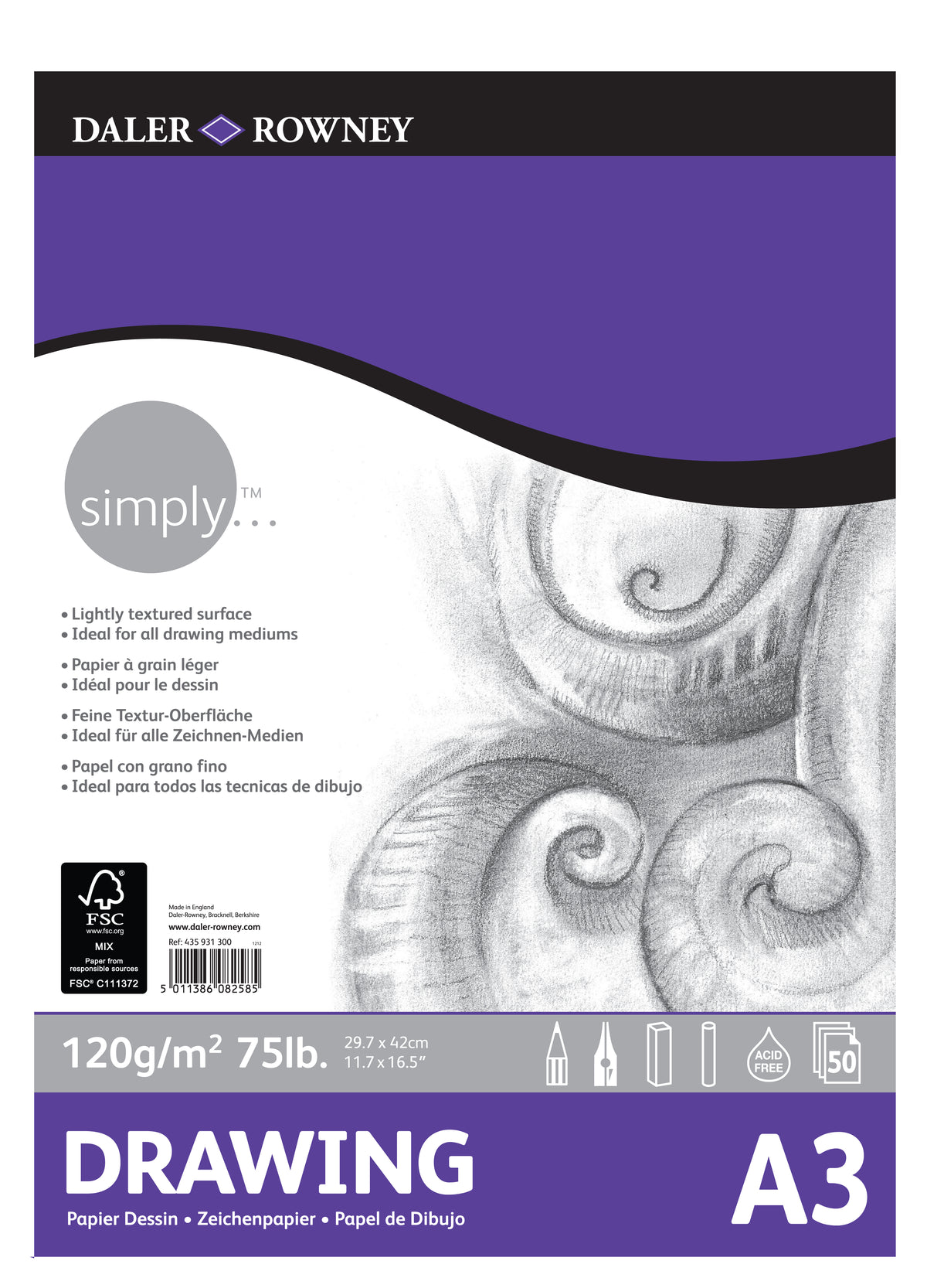 Szkicownik DALER ROWNEY Simply A3, 120 g, 50 arkuszy klejony