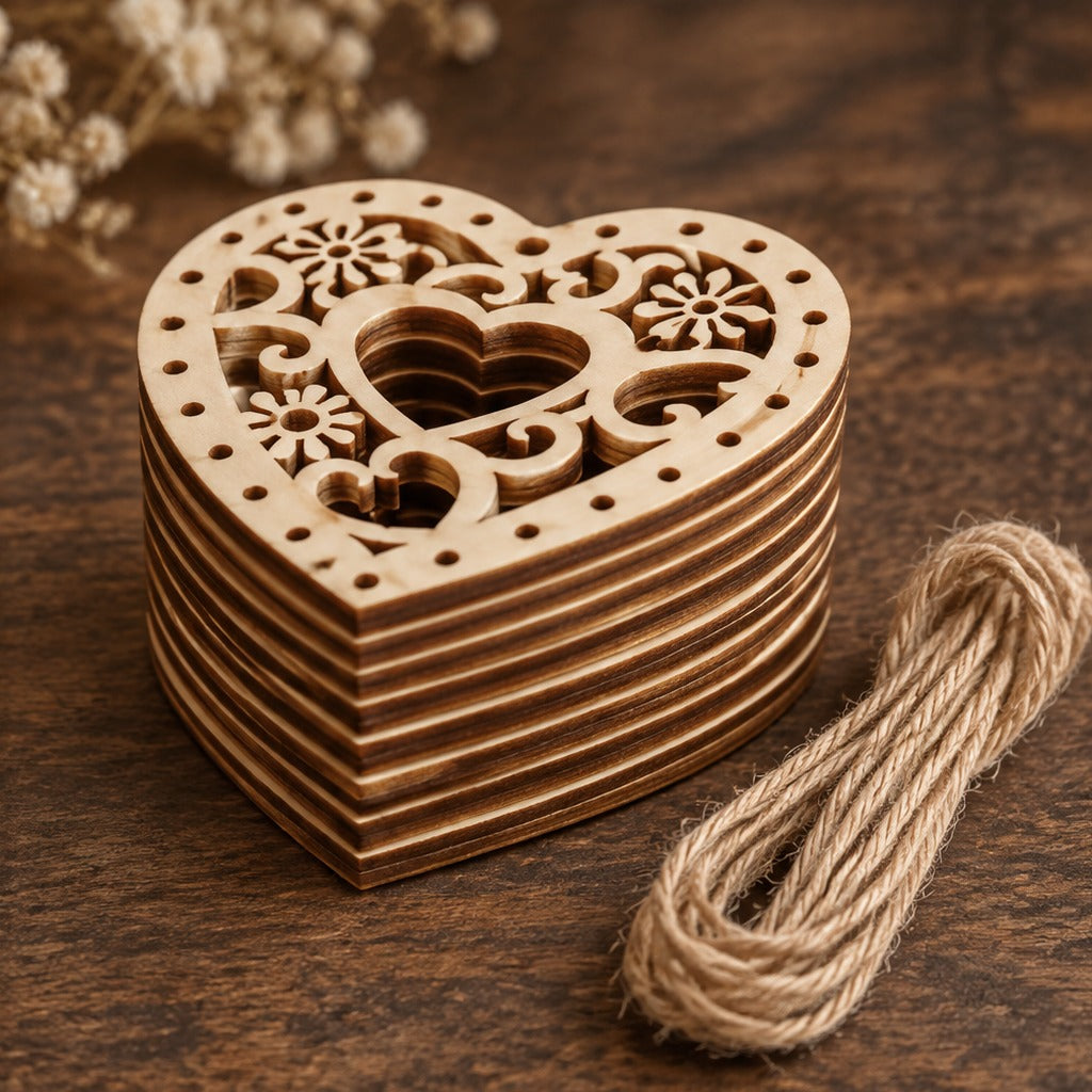 Drewniane bazy serduszko z ornamentem 5 x 5 cm - zestaw 5 szt.