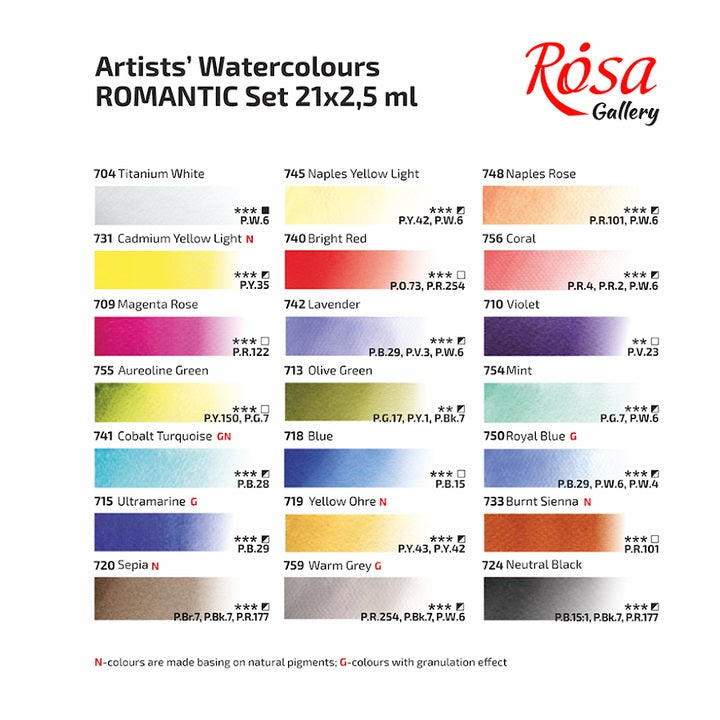 Farby akwarelowe Rosa Gallery - zestaw Romantic 21 x 2,5 ml | Artmie