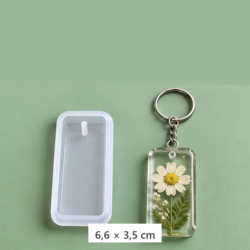 Forma silikonowa do zawieszek z żywicy epoksydowej z kółkami do breloków – forma prostokątna 6,6 × 3,5 cm + 3 kółka do breloków