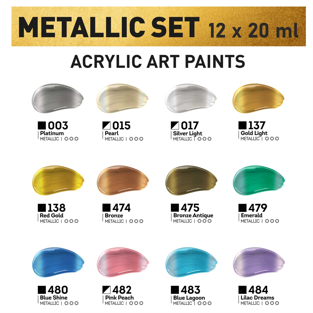 Zestaw metalicznych farb akrylowych ACRYL PRO Kompozit 12x20 ml