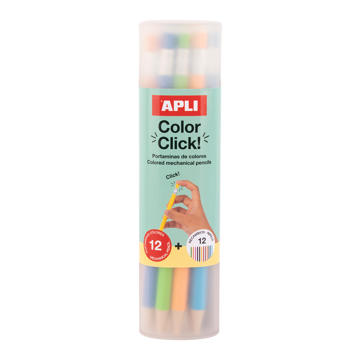 Kredki automatyczne APLI Color Click, 12 szt. z zapasowymi grafitami i temperówką