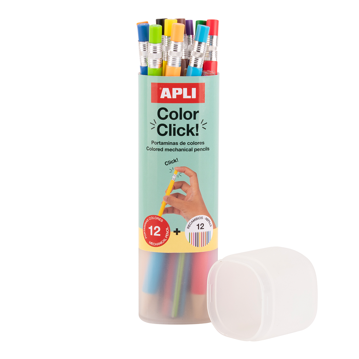 Kredki automatyczne APLI Color Click, 12 szt. z zapasowymi grafitami i temperówką