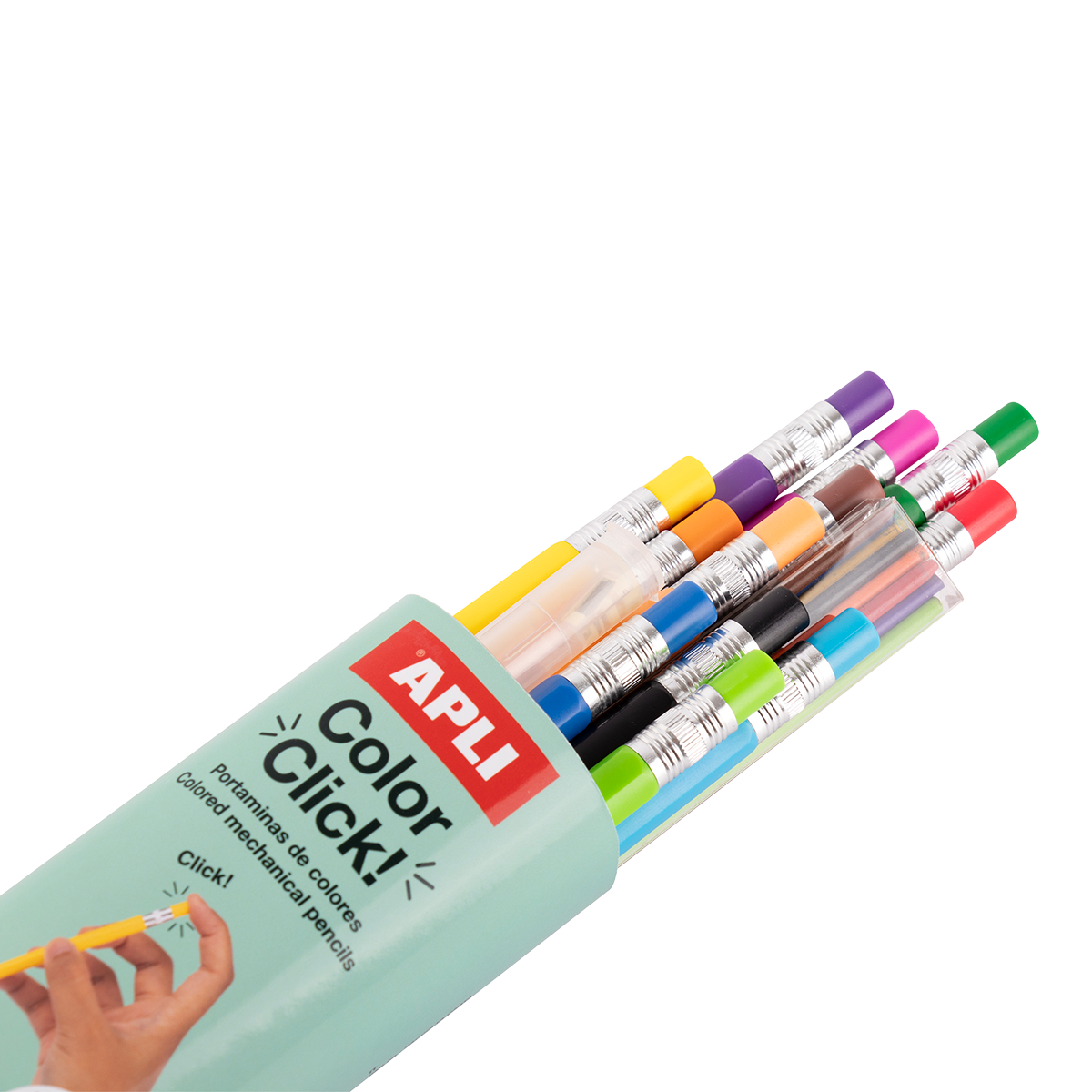 Kredki automatyczne APLI Color Click, 12 szt. z zapasowymi grafitami i temperówką