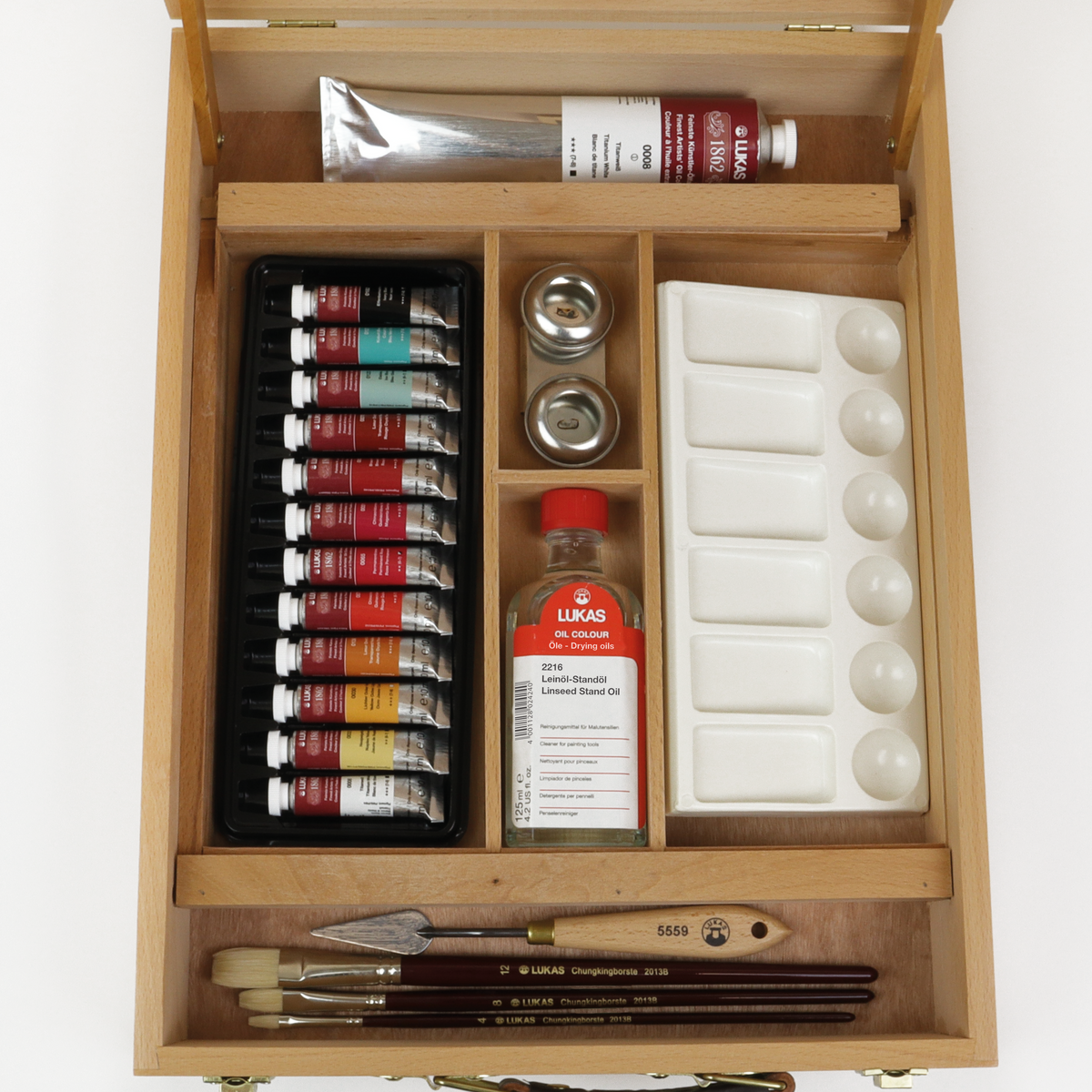 LUKAS 1862 zestaw farb olejnych w drewnianej kasetce 12 x 10 ml z akcesoriami