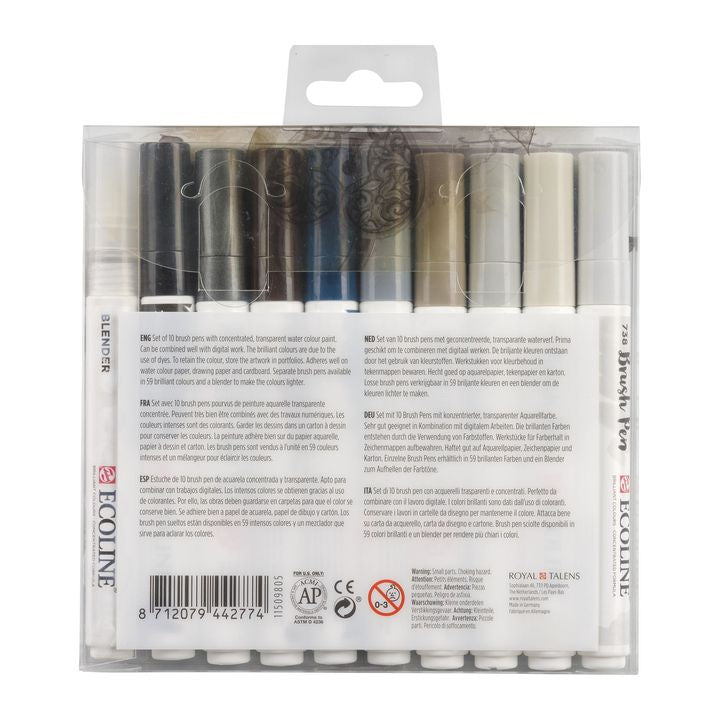 Pisaki akwarelowe Ecoline Brush Pen Greys | 10 częściowy zestaw | Artmie