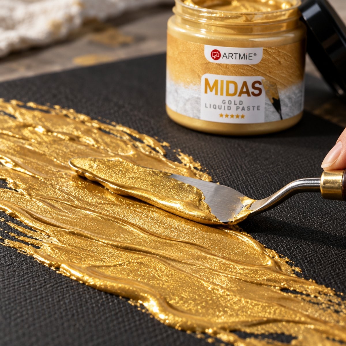 Nakładanie złotej pasty metalicznej ARTMIE MIDAS szpachelką na czarne płótno — makro