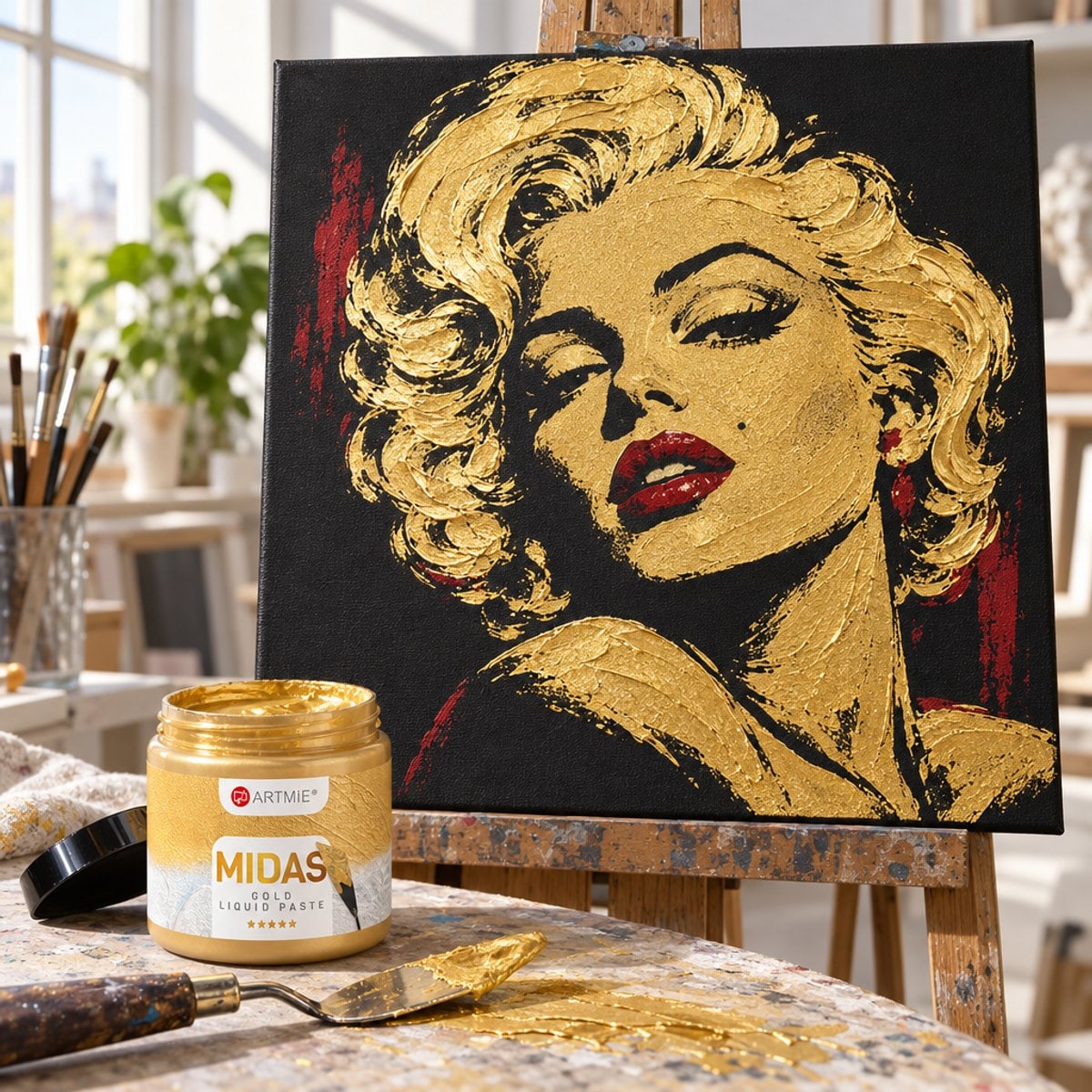 Portret na czarnym płótnie malowany złotą pastą ARTMIE MIDAS i czerwoną farbą
