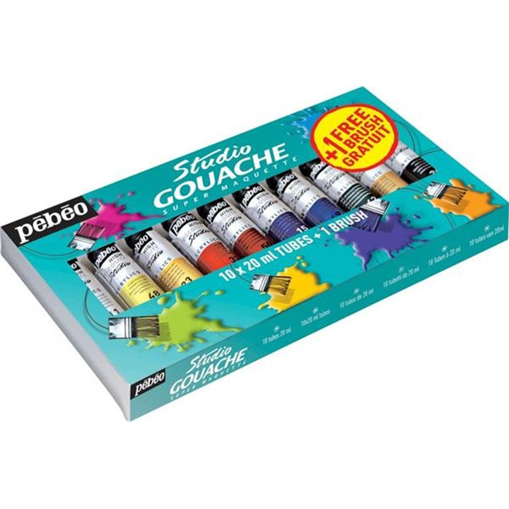 Profesjonalne gwaszowe farby Pebeo Studio 10 x 20 ml z pędzlem | Artmie