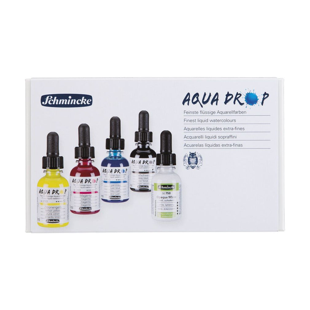 Schmincke AQUA DROP zestaw w kartonowym opakowaniu, 5 x 30 ml (kolory podstawowe) + kryjąca biel