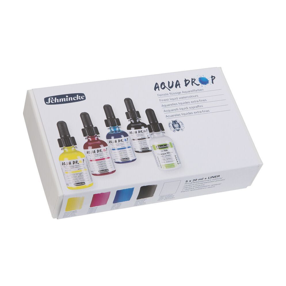 Schmincke AQUA DROP zestaw w kartonowym opakowaniu, 5 x 30 ml (kolory podstawowe) + kryjąca biel