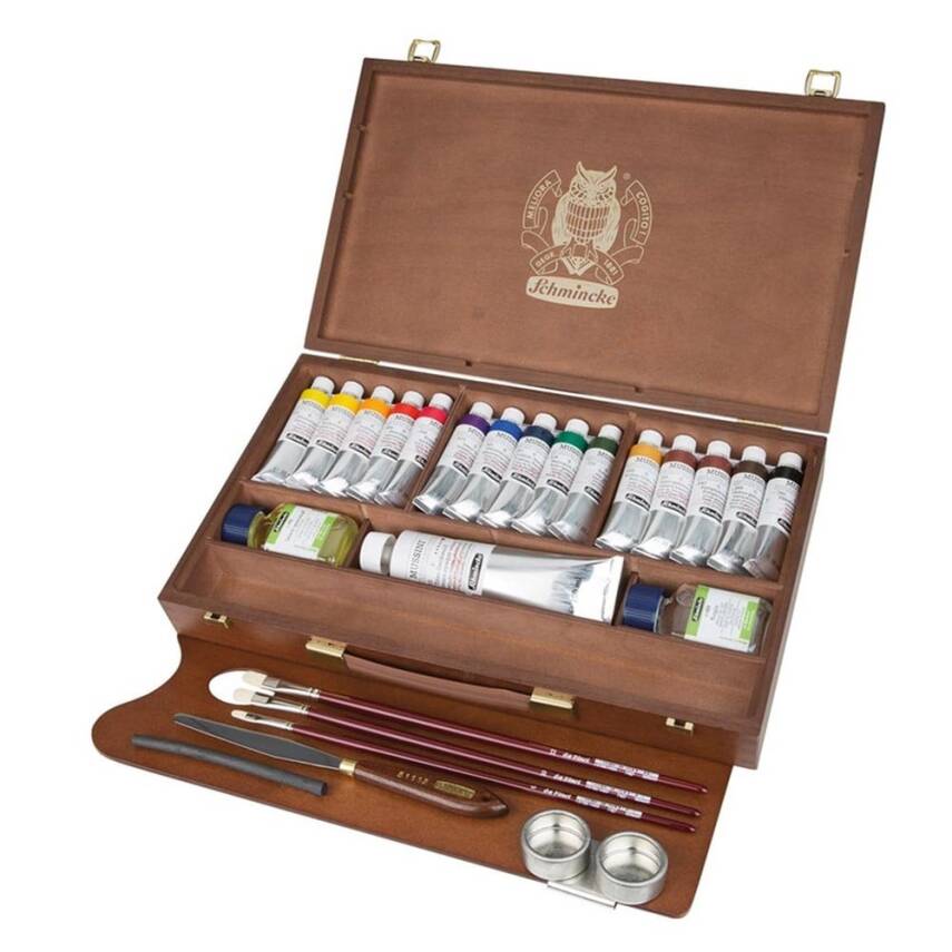 Schmincke MUSSINI drewniana kaseta z farbami 15 x 35 ml i bielą 150 ml