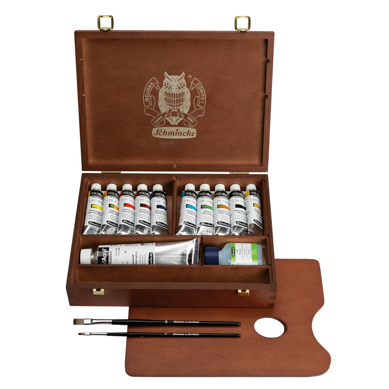 Schmincke PRIMAcryl drewniana kasetka z farbami akrylowymi 10 x 35 ml + biel 150 ml i pędzle