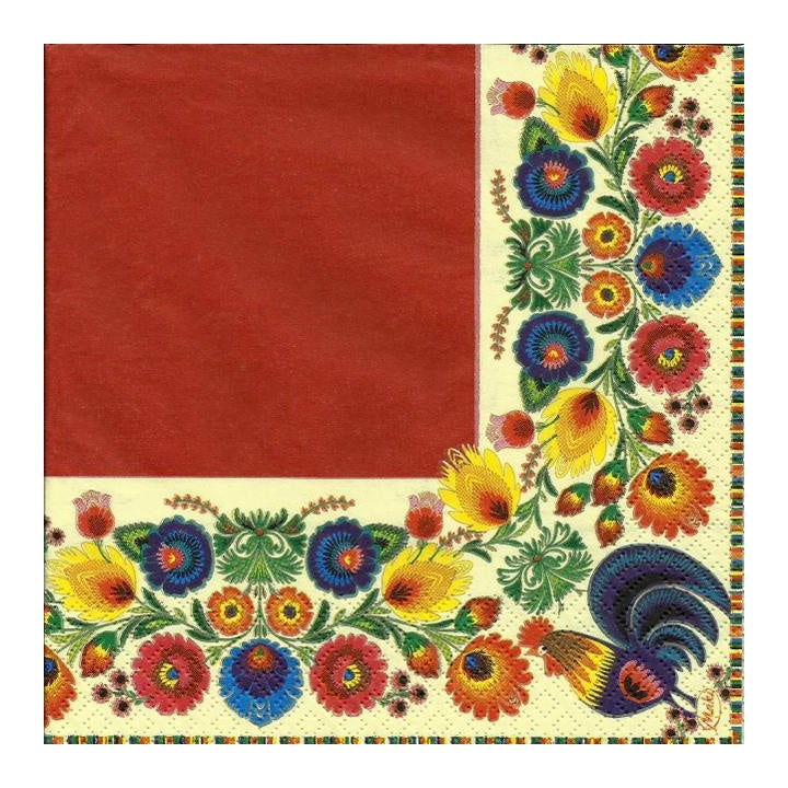 Serwetki do Decoupage -  Folk Cocks Red & Cream- 1 szt | Artmie
