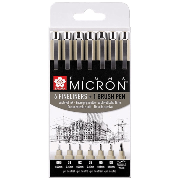 Zestaw cienkopisów SAKURA Pigma Micron plus brush pen  / 7 szt | Artmie