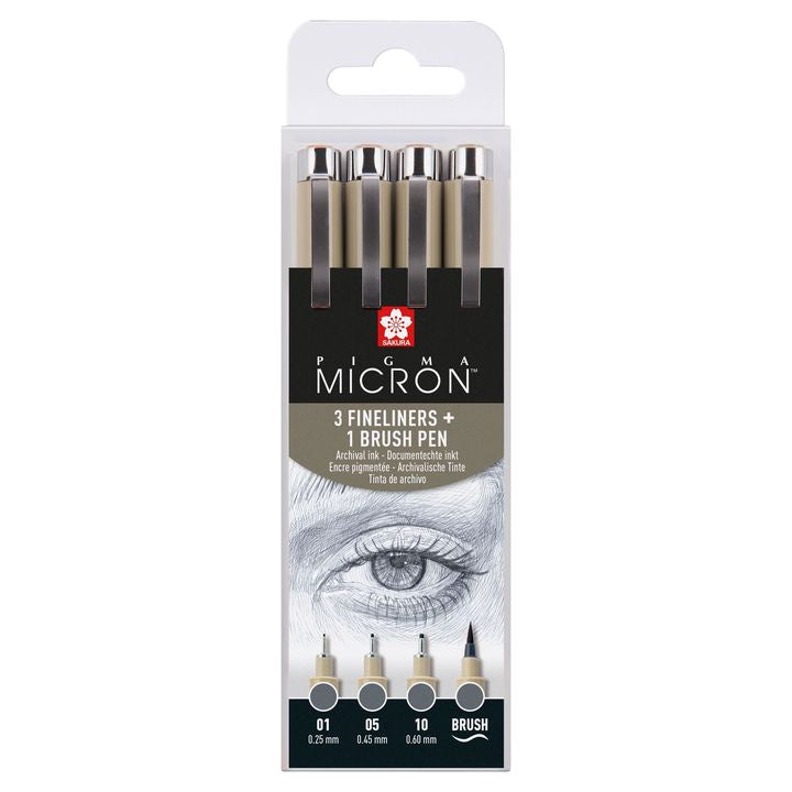 Zestaw długopisów technicznych Sakura Pigma Micron 3 fineliners a brush pen | ciemnoszare odcienie | Artmie