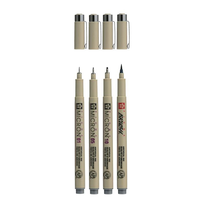 Zestaw długopisów technicznych Sakura Pigma Micron 3 fineliners a brush pen | ciemnoszare odcienie | Artmie