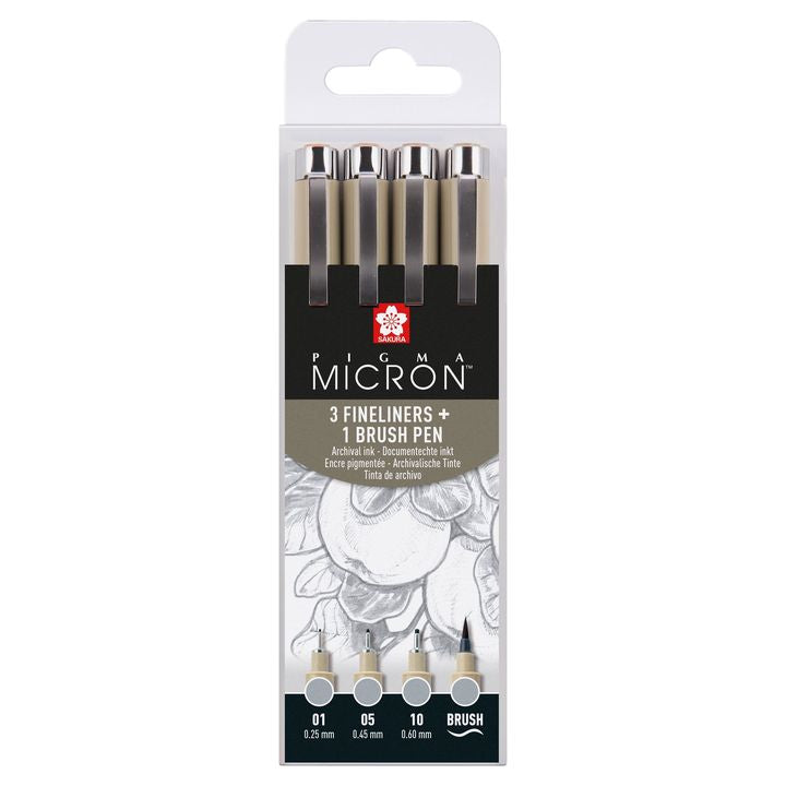 Zestaw długopisów technicznych Sakura Pigma Micron 3 fineliners a brush pen | odcienie szarości | Artmie