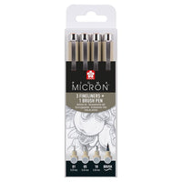 Zestaw długopisów technicznych Sakura Pigma Micron 3 fineliners a brush pen | odcienie szarości | Artmie