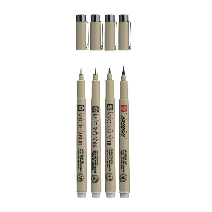 Zestaw długopisów technicznych Sakura Pigma Micron 3 fineliners a brush pen | odcienie szarości | Artmie