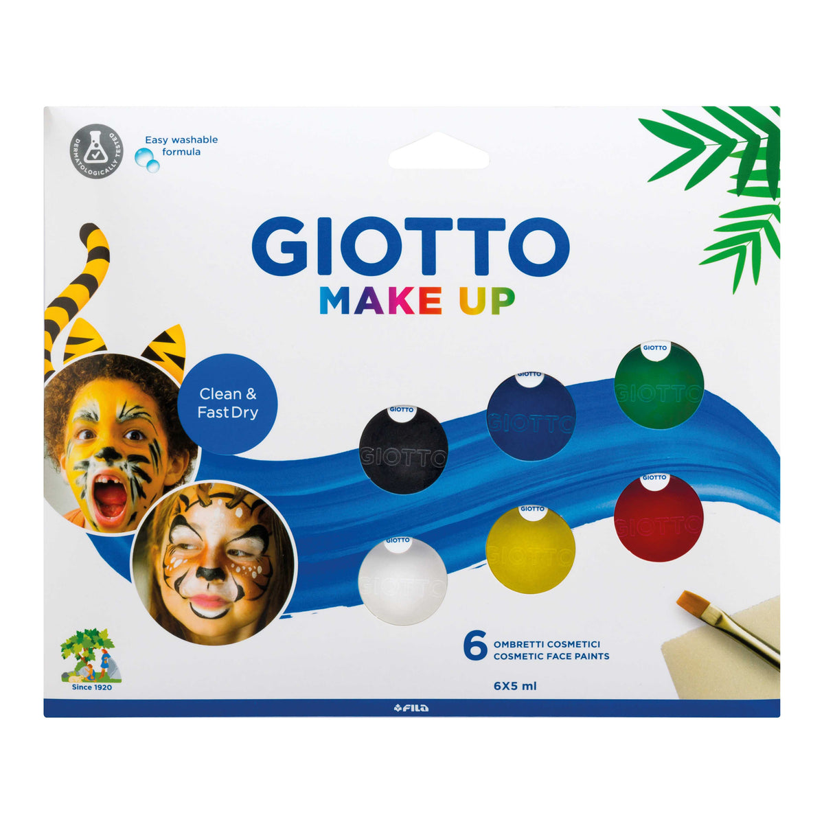 Zestaw farb do malowania twarzy GIOTTO Make Up 6 x 5 ml z pędzelkiem i gąbką