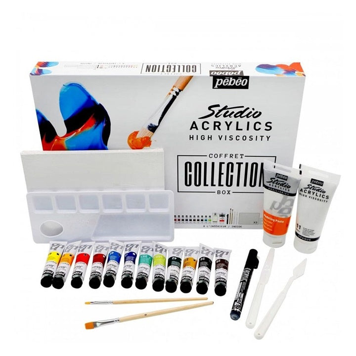 Zestaw farb Studio Acrylics Box z akcesoriami 23 szt. | Artmie