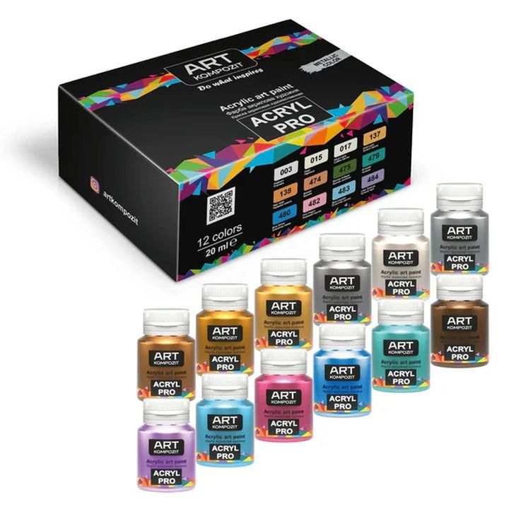 Zestaw metalicznych farb akrylowych ACRYL PRO Composite 12x20 ml | Artmie