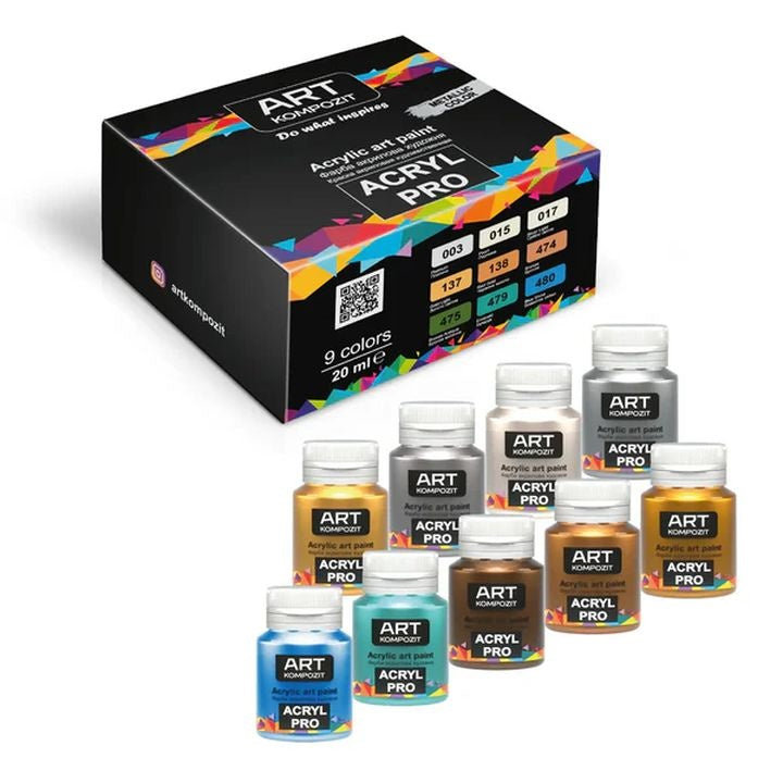 Zestaw metalicznych farb akrylowych ACRYL PRO Composite 9x20 ml | Artmie