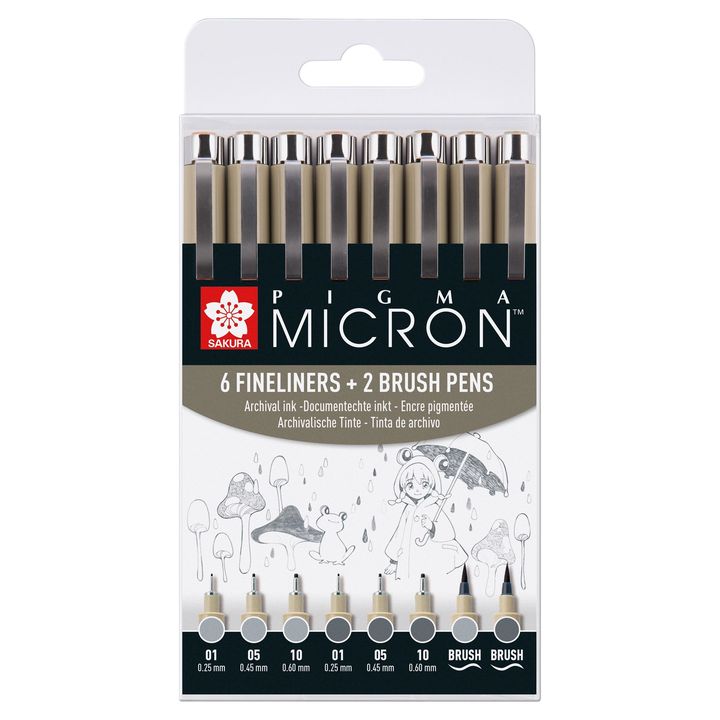 Zestaw pisaków technicznych Sakura Pigma Micron odcienie szarości 8 szt. | Artmie