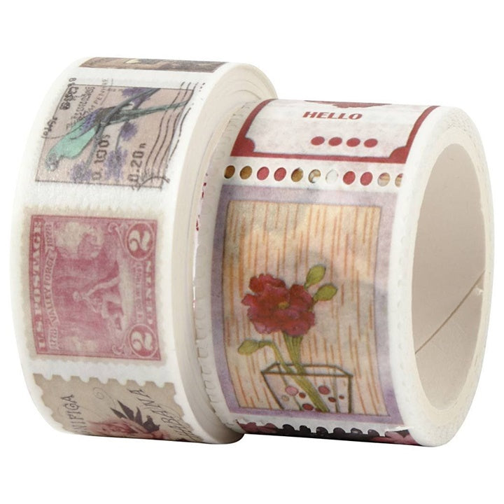 Zestaw samoprzylepnych taśm Washi / kwiaty i znaczki pocztowe | Artmie
