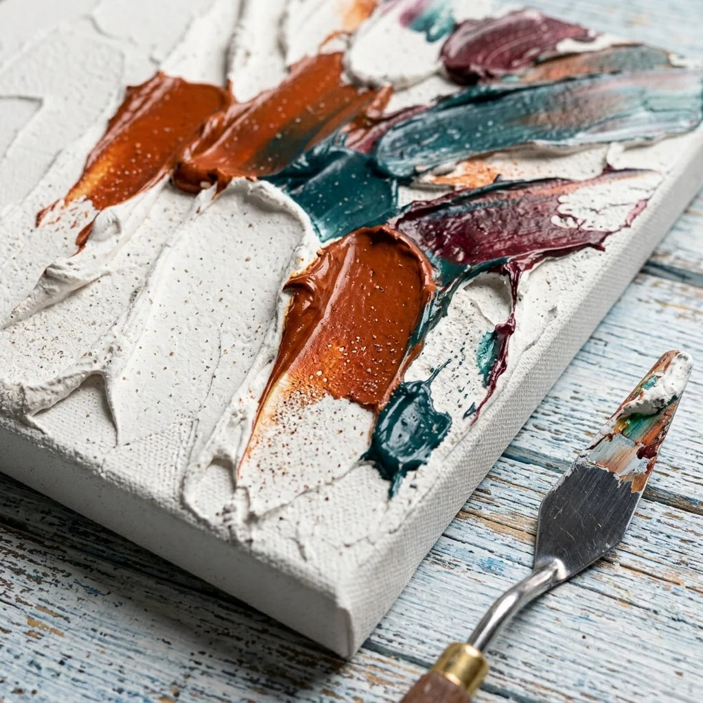 Faktury impasto z pasty 3D — kolorowe akcenty na grubym reliefie