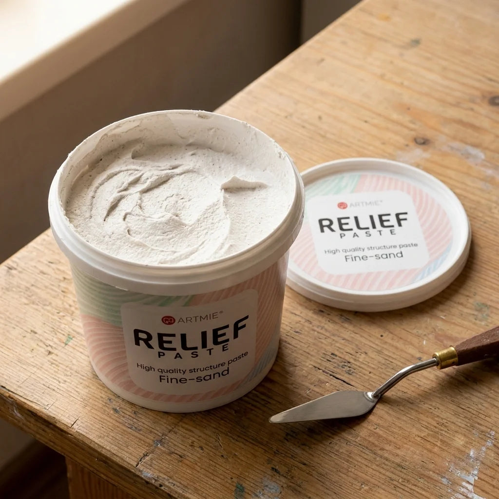 Otwarte opakowanie ARTMIE Relief Paste — widoczna piaskowa struktura pasty wewnątrz