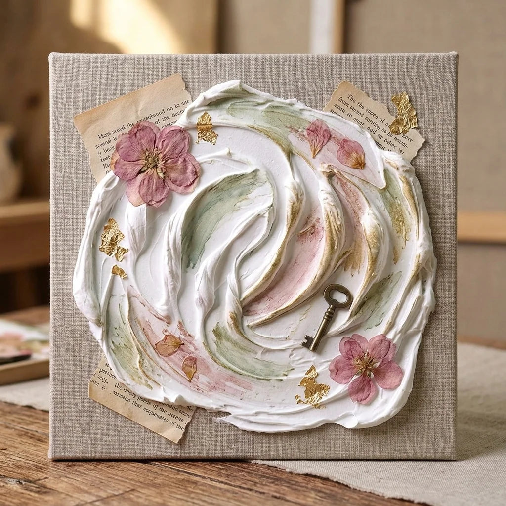 Mixed media collage z pasty Butter — suszone kwiaty, papier vintage, mosiężny klucz
