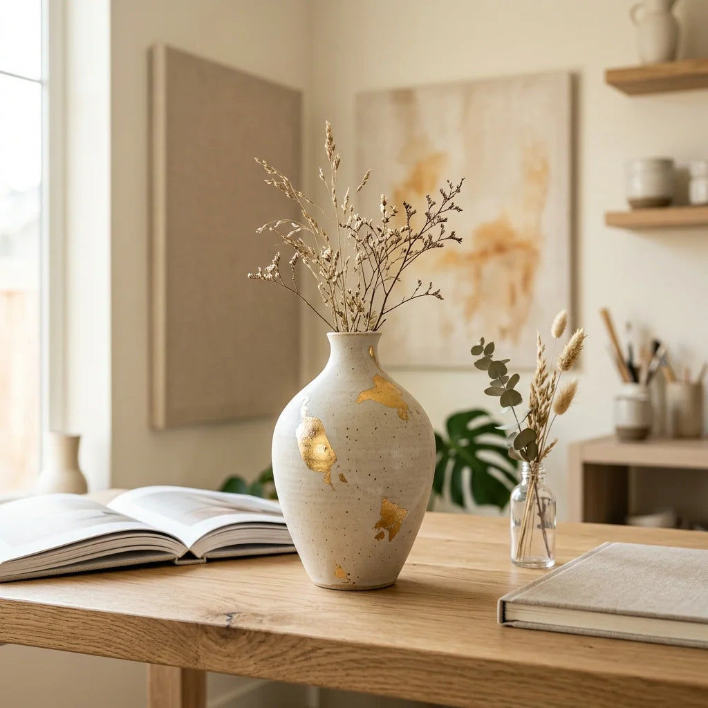 Ceramiczny wazon zdobiony złotym liściem